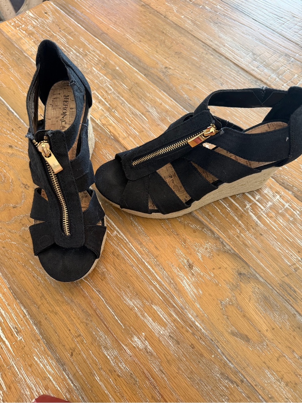 Merona Black Espadrille Wedge Sandals with Gold Zipper